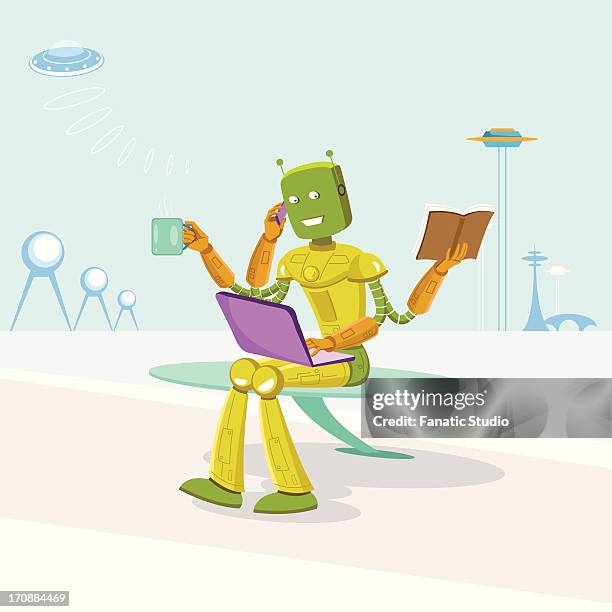 multi-armed robot performing multiple tasks - coffee on table front view stock illustrations