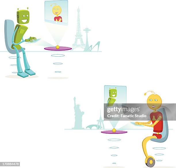 two robots chatting online - hologram projection stock illustrations