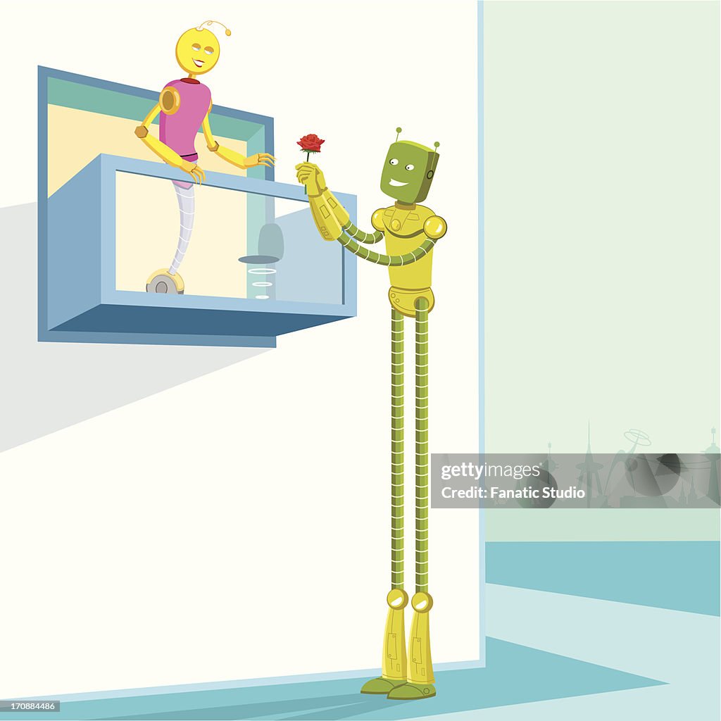 Male robot proposing a female robot with a flower