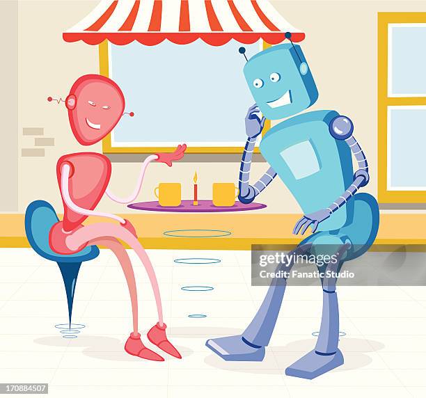 robot couple at a sidewalk cafe - coffee on table front view stock illustrations