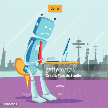 Robot Working On A Computer In An Office High-Res Vector Graphic ...