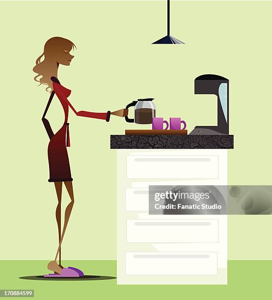 woman making coffee in a coffee maker - kitchen drawer stock illustrations