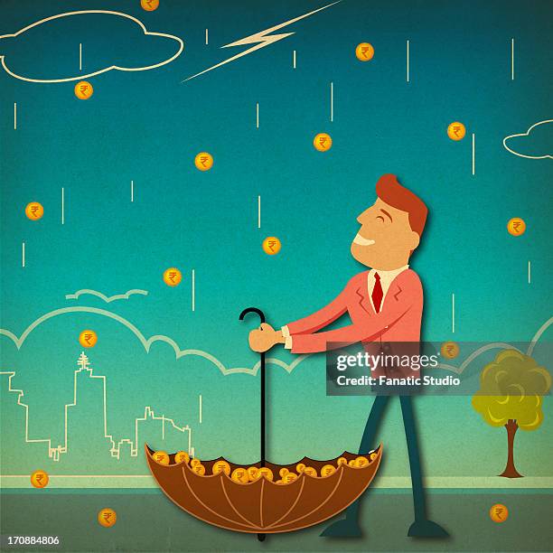 businessman catching money in an umbrella - pennies from heaven stock illustrations