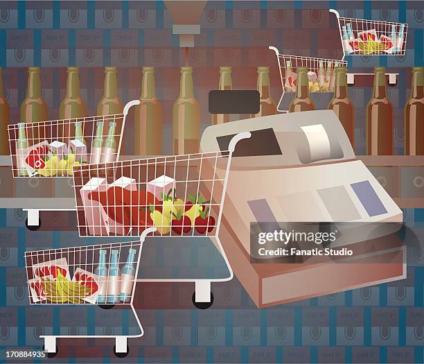 ilustrações de stock, clip art, desenhos animados e ícones de shopping cart in a supermarket - fruit machine