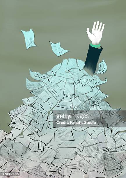 businessman drowning in a heap of documents - red tape stock illustrations