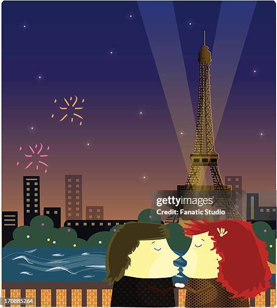 romantic couple in front of the eiffel tower, paris, france - photocall paris fashion week womenswear spring summer 2018 stock illustrations