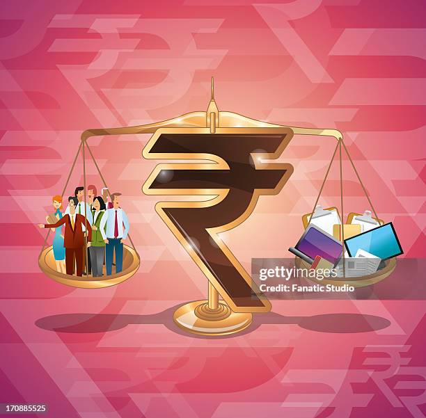 rupee sign balancing business management - trade union stock illustrations