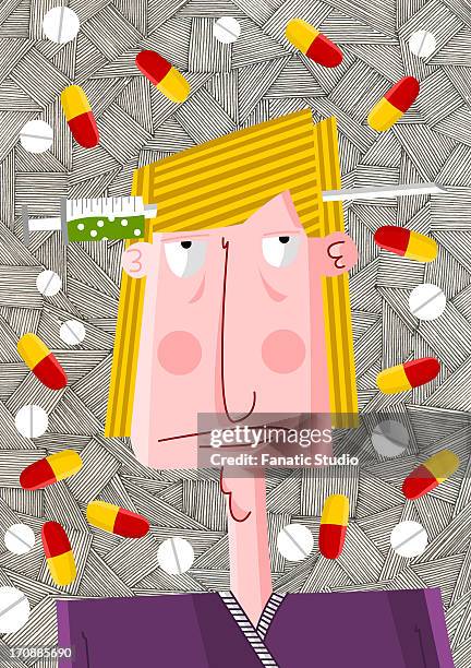 front view of drug addict man surrounded with tablets and capsules - hypochondria stock illustrations