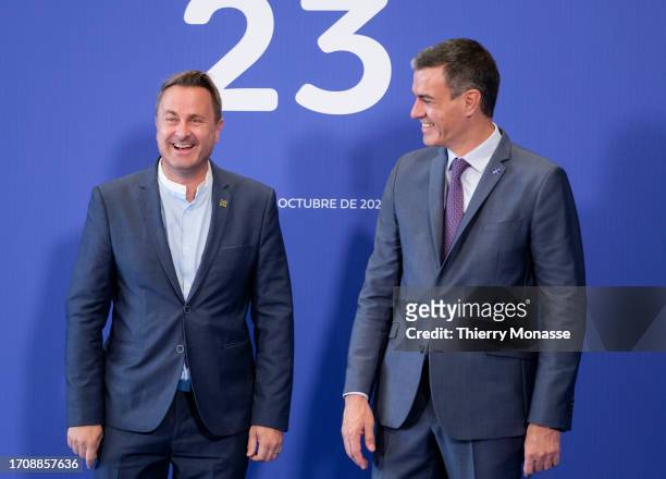 Luxembourg Prime Minister Xavier Bettel is welcome by the Spanish President of the government Pedro Sanchez Perez-Castejon prior the start of an EU...