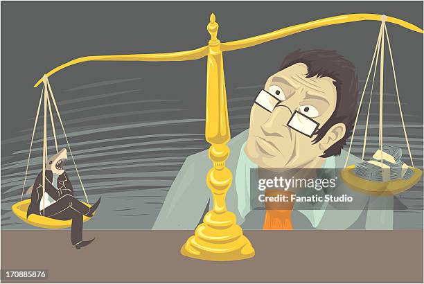 weighing scales for balance between fish and economy - random chance stock illustrations