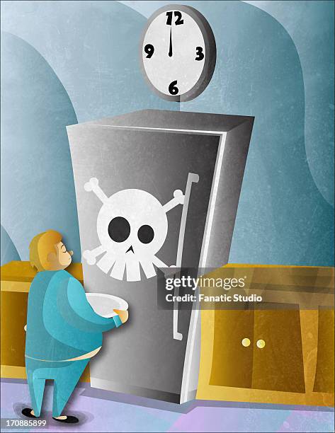 obese man standing in front of refrigerator with a human skull on it - fat reduction stock illustrations