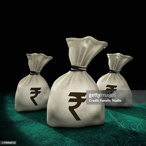 stockillustraties, clipart, cartoons en iconen met money sacks with rupee symbol over black background - jute