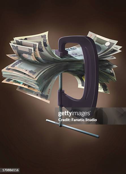 illustrazioni stock, clip art, cartoni animati e icone di tendenza di indian currency notes in a vise grip of a clamp - vise grip