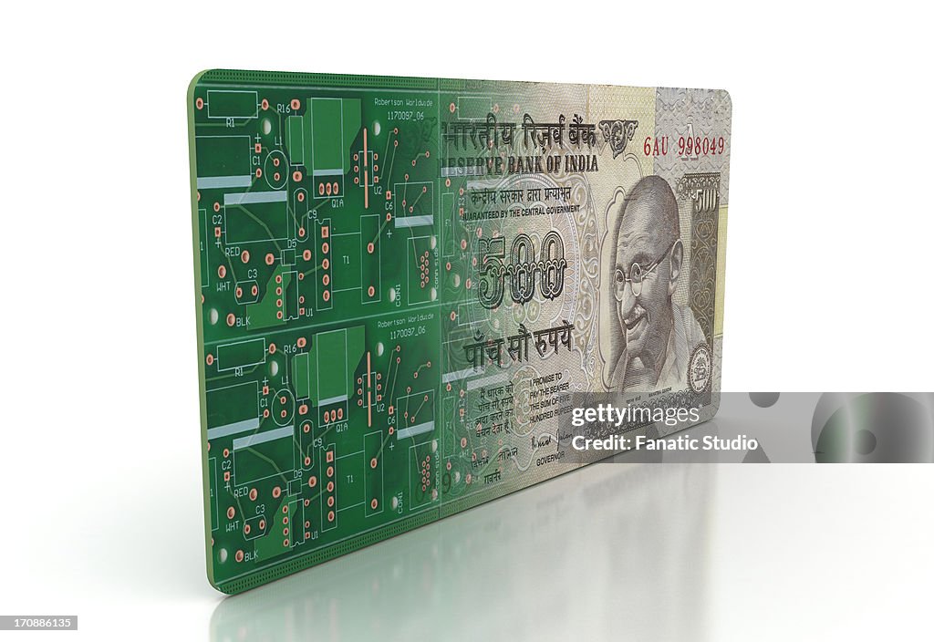 Indian currency imprinted on a computer chip
