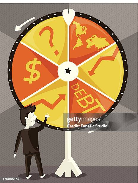 businessman with spinning wheel of business cycle trying his luck - spinnrad stock-grafiken, -clipart, -cartoons und -symbole