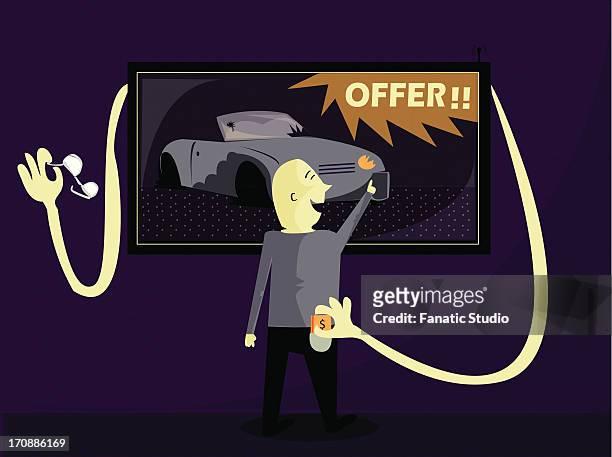 illustrative image of man being mislead by false advertisement - expense fraud stock illustrations