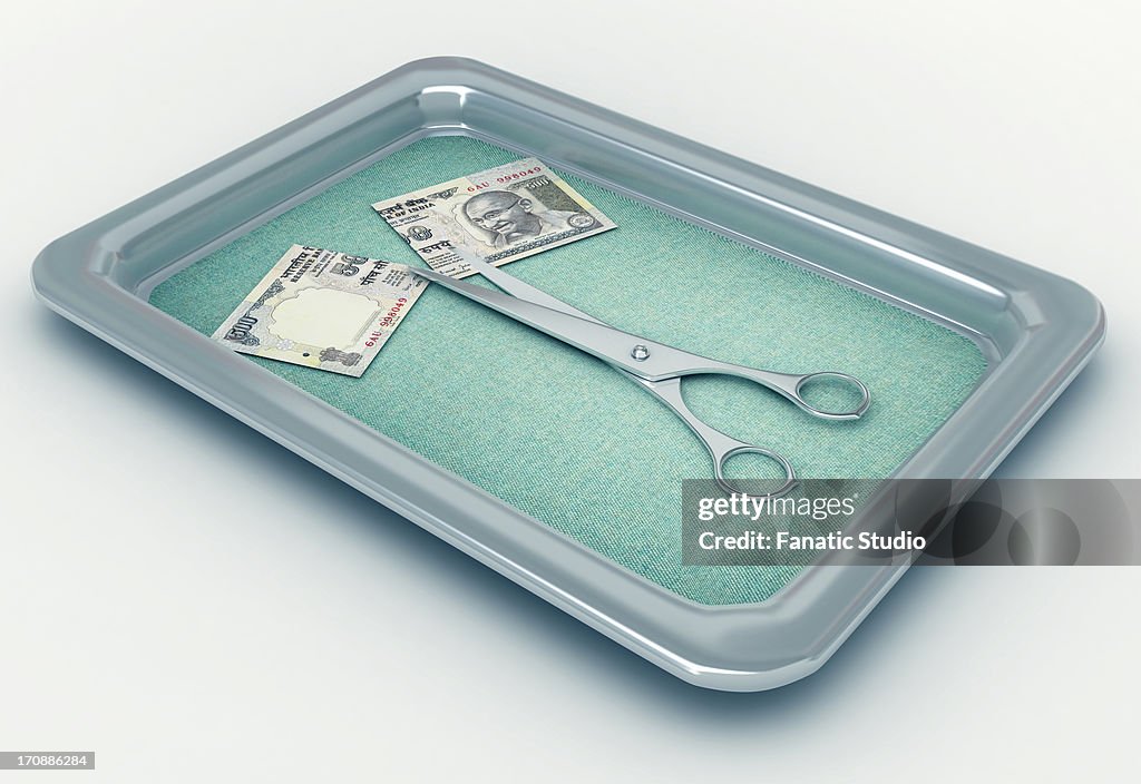 Conceptual shot of currency cut in half with scissors in tray depicting cost cutting