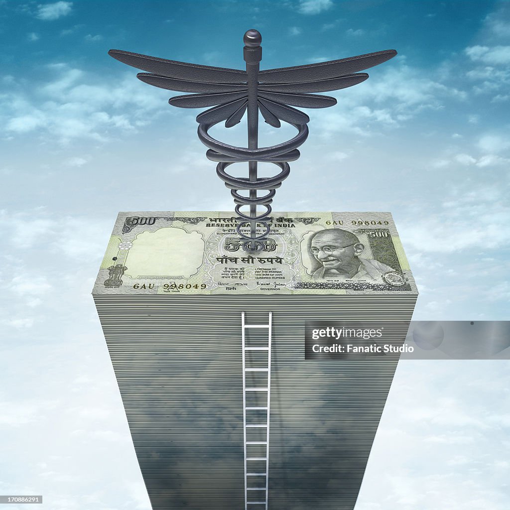Illustrative image of stack of paper currency with ladder and medical symbol on top depicting health insurance