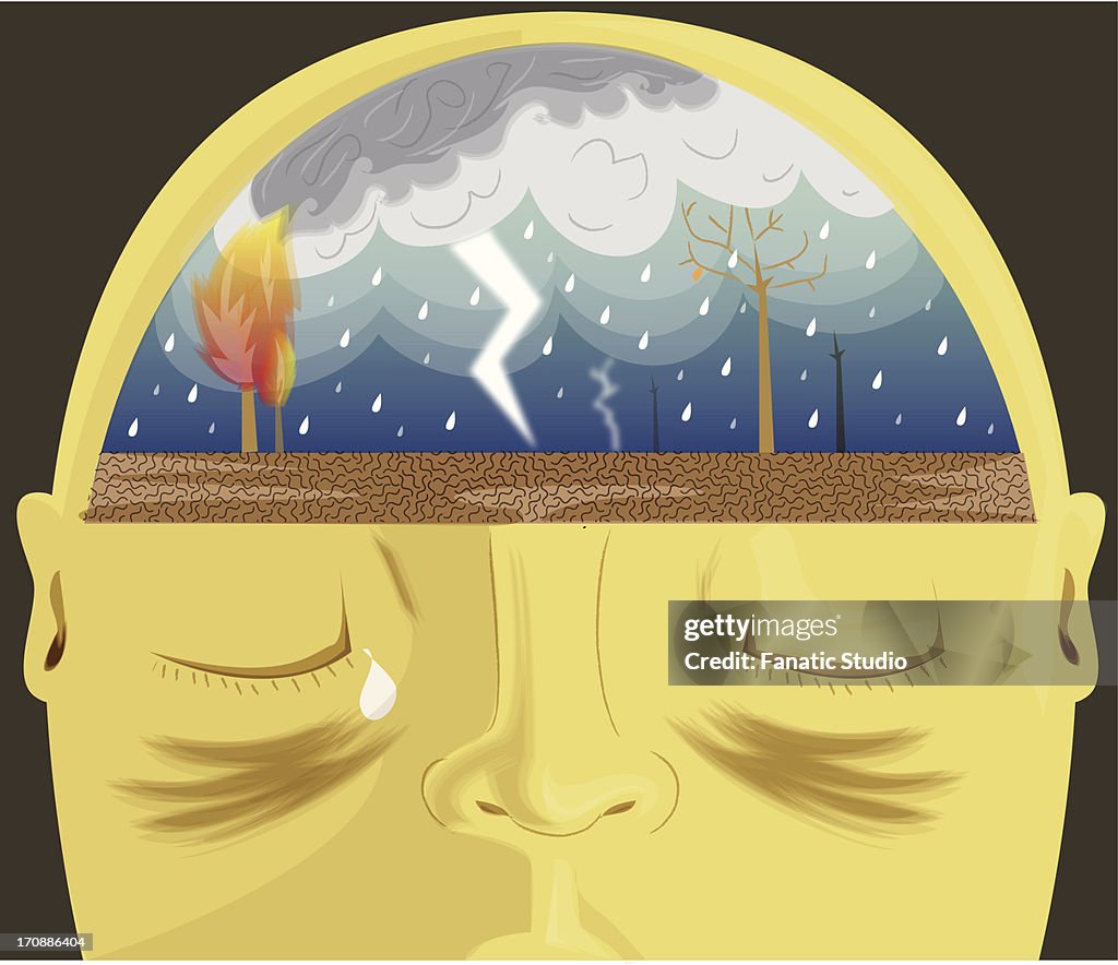 Close-up of a human head consisting with heavy rains depicting headache
