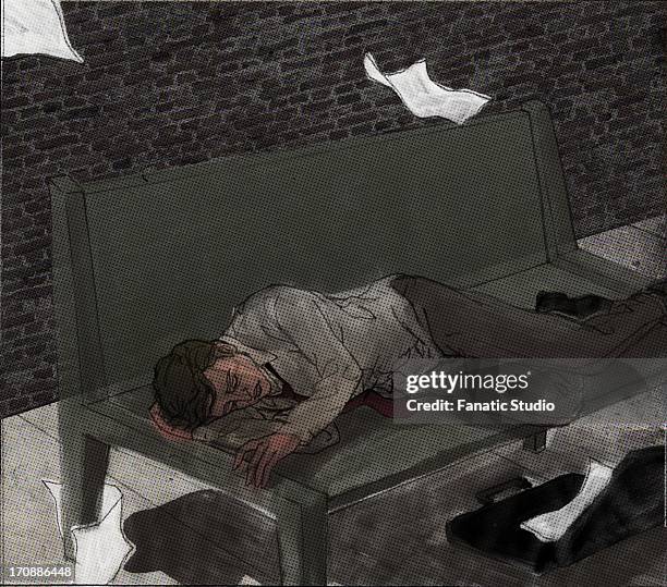 illustrations, cliparts, dessins animés et icônes de man sleeping on bench depicting unemployment - banc nuit