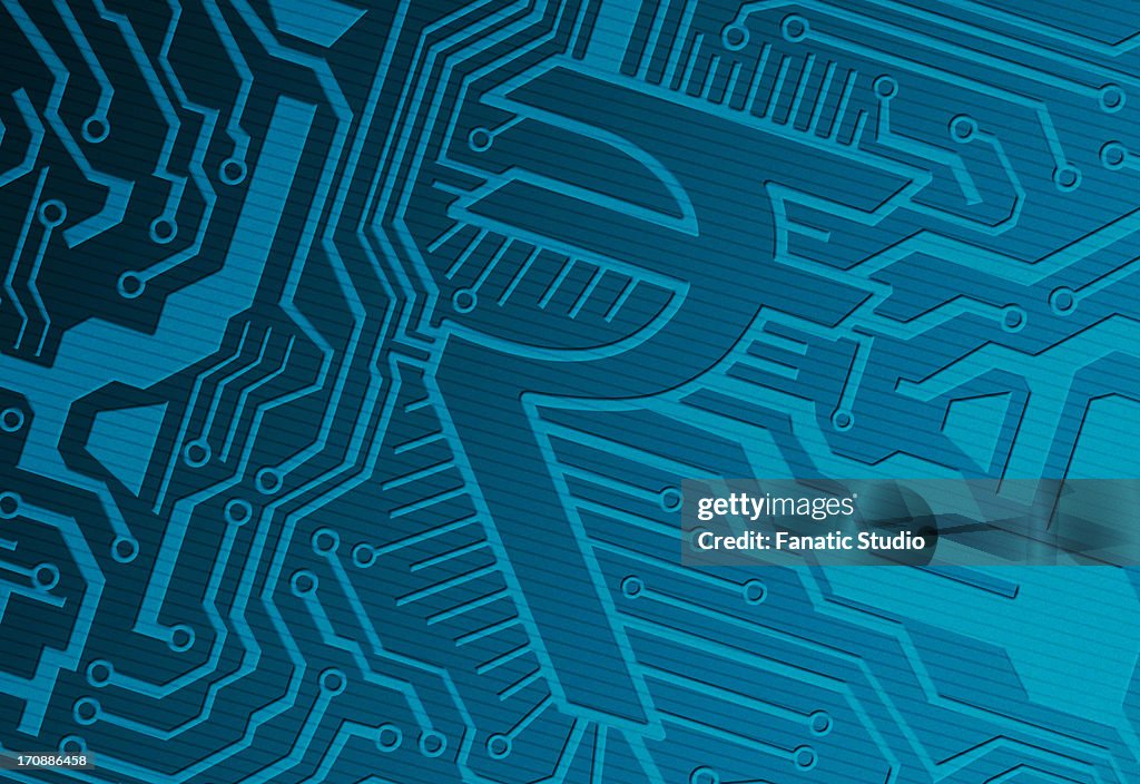 Blue computer circuit board with rupee symbol representing IT industry