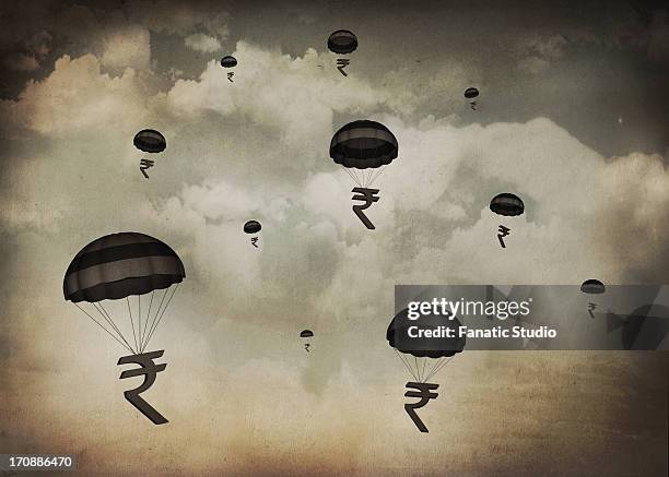 group of rupees falling with parachute against cloudy sky - indian currency notes stock illustrations