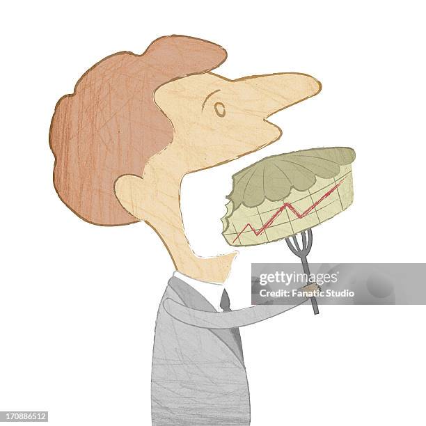 businessman eating pie with graph isolated over white background depicting the concept of profit share - data intake stock illustrations