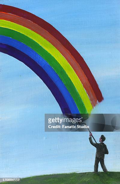 illustrative image of man drawing rainbow in sky with paint roller representing bright future - bright future stock illustrations
