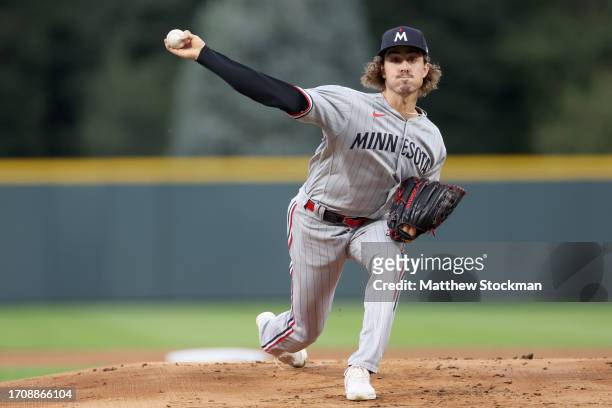 Starting pitcher Joe Ryan #$1 of the Minnesota Twins throws against the Colorado Rockies in the first inning at Coors Field on September 29, 2023 in...