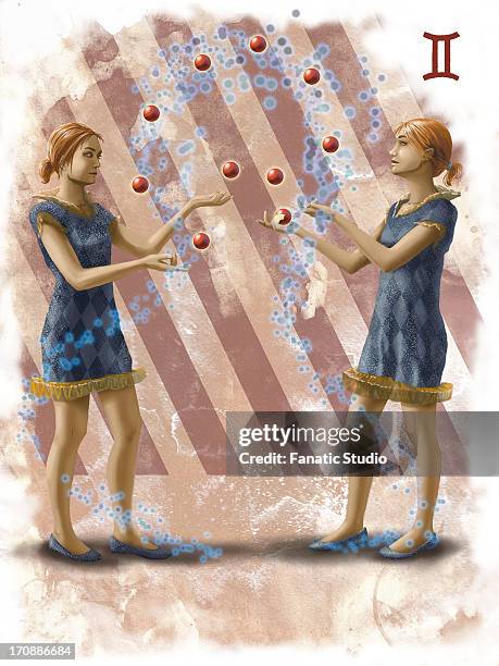 illustrative image of twin sisters representing gemini sign - identical twins stock illustrations