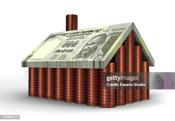 illustrative image of house made with money representing loan - gandhi coin stock illustrations