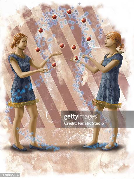 illustrative image of female circus performers juggling - identical twins stock illustrations