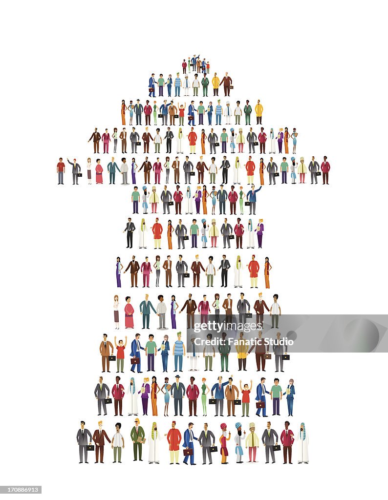 Illustrative image of people standing in arrow shape representing development and teamwork over white background