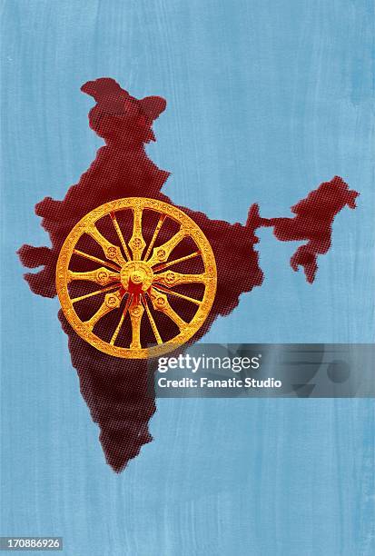 illustrative of konark wheel against indian map - konark wheel stock illustrations