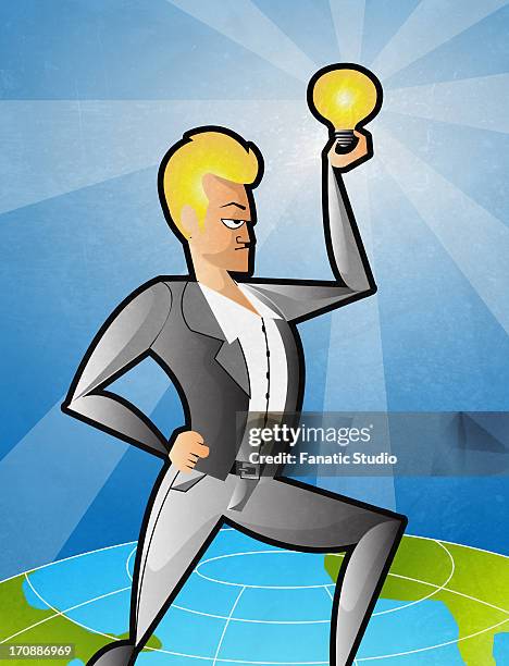 illustrative image of businessman holding light bulb representing idea - higher consciousness stock illustrations