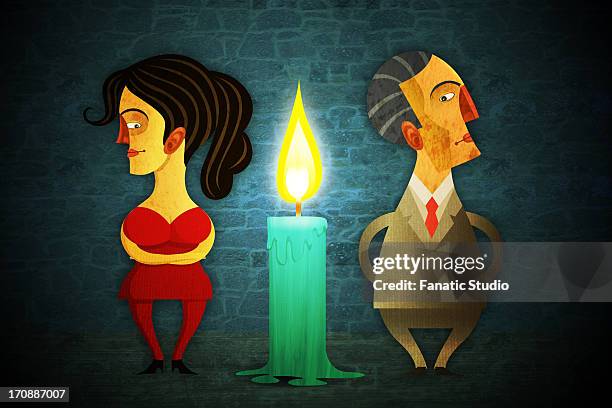 illustrative image of candle in between of couple representing relationship difficulties - melted wax stock illustrations