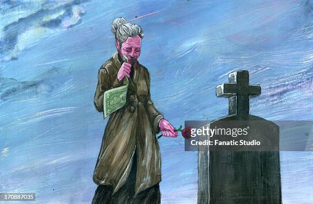 illustrative image of senior woman with money and flower in front of graveyard - standing on end stock illustrations