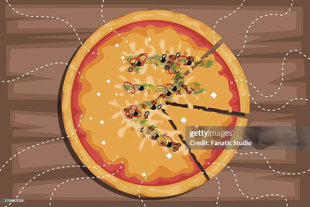 Illustrative image of Indian rupee sign on pizza with pieces representing profit share