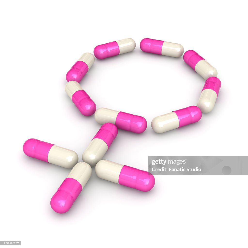 Illustration of capsules in shape of female symbol over white background