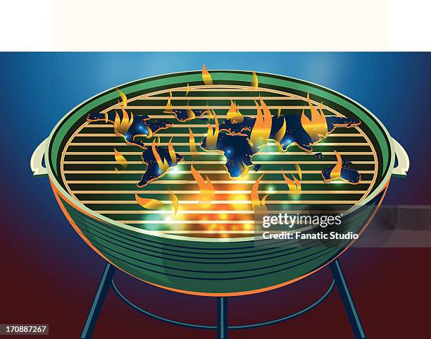 illustrative image of world map burning on barbecue representing global warming - ignition source stock illustrations