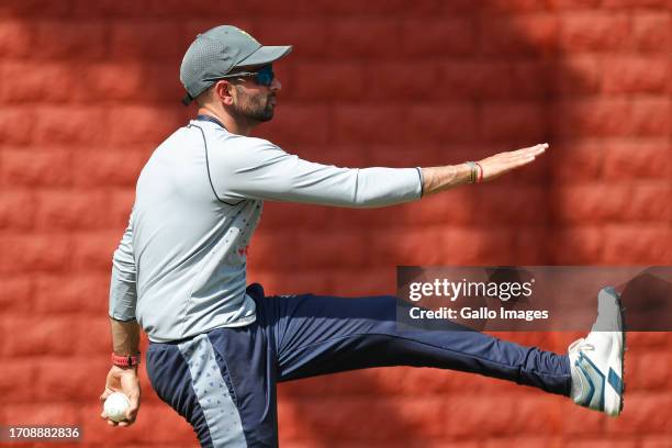 South Africa's Keshav warms up during the South Africa men's national cricket team training session at Arun Jaitley Stadium on October 06, 2023 in...