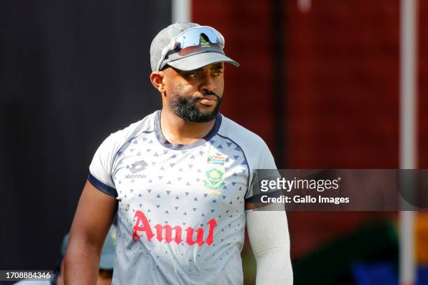 South Africa's captain Temba Bavuma looks on during the South Africa men's national cricket team training session at Arun Jaitley Stadium on October...
