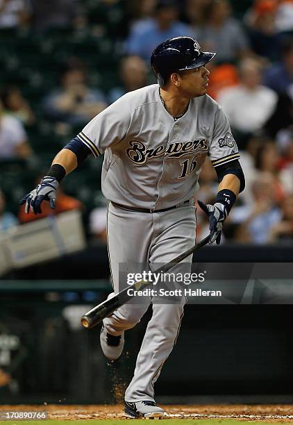 Aramis Ramirez of the Milwaukee Brewers watches his home run to left field in the ninth inning against the Houston Astros at Minute Maid Park on June...