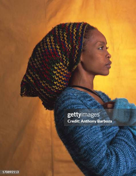 Profile portrait of American R&B, jazz, and pop singer Erykah Badu , New York, 2000.