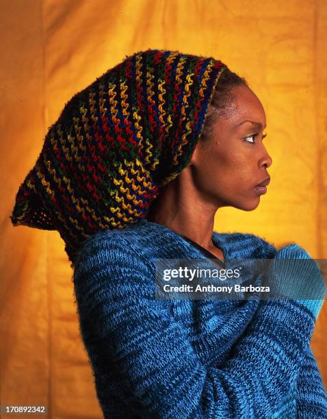 Profile portrait of American R&B, jazz, and pop singer Erykah Badu , New York, 2000.