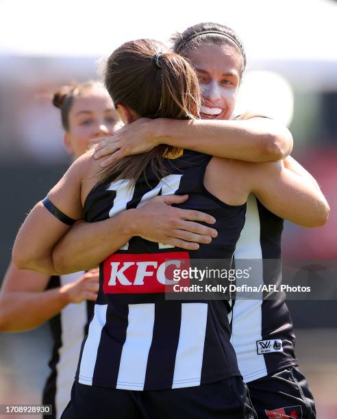 Ashleigh Brazill of the Magpies celebrates during the round five AFLW match between Collingwood Magpies and Essendon Bombers at Punt Road Oval, on...