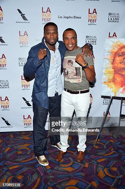 Executive producer Curtis "50 Cent" Jackson and boxer Sugar Ray Leonard attend the "Tapia" premiere during the 2013 Los Angeles Film Festival at...