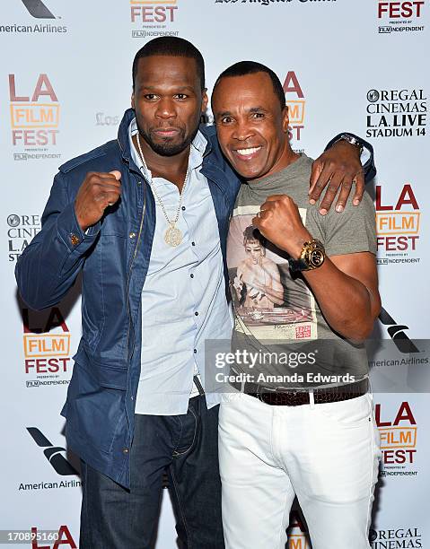 Executive producer Curtis "50 Cent" Jackson and boxer Sugar Ray Leonard attend the "Tapia" premiere during the 2013 Los Angeles Film Festival at...