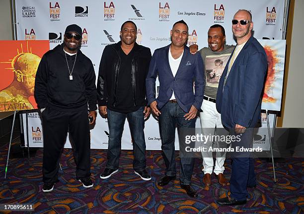 Singer/songwriter Johnny Gill, comedian Ruben Paul, comedian Russell Peters, boxer Sugar Ray Leonard and executive producer Lou DiBella attend the...