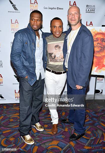 Executive producer Curtis "50 Cent" Jackson, boxer Sugar Ray Leonard and executive producer Lou DiBella attend the "Tapia" premiere during the 2013...